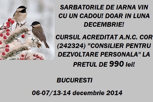 Curs acreditat CONSILIER PENTRU DEZVOLTARE PERSONALA 6-7/13-14 decembrie 2014